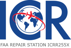 ICR - International Component Repair Logo | FAA-Certified Aerospace & Aviation Repair Station Logo for ICR - International Component Repair, an FAA-certified aerospace repair station. The design features ‘ICR’ in royal blue with a stylized globe and red airplane icon inside the ‘C’. Below, ‘FAA Repair Station ICRR255X’ is displayed in light grey.